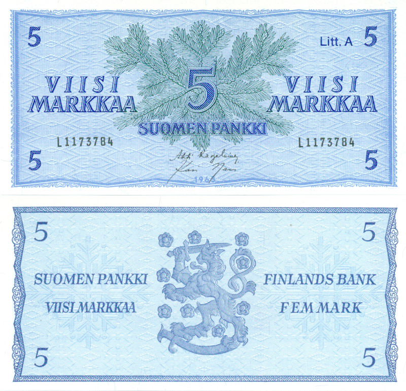 5 Markkaa 1963 Litt.A L1173784 kl.9